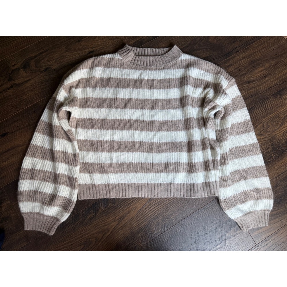 SHEIN Tan White Striped Knit Sweater Womens Medium Balloon Sleeve 0082